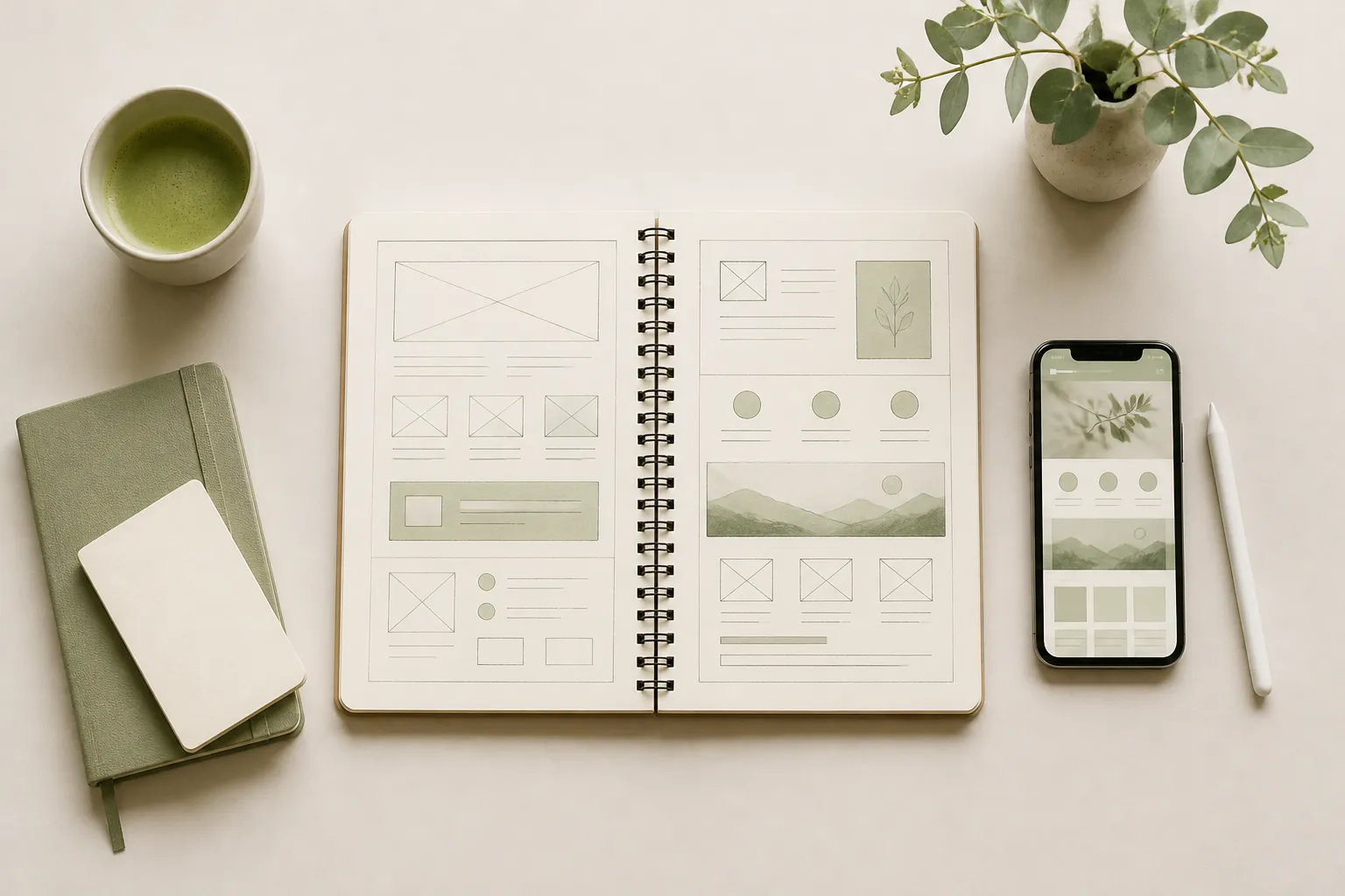 Designer's workspace with wireframes and a smartphone showing a website layout